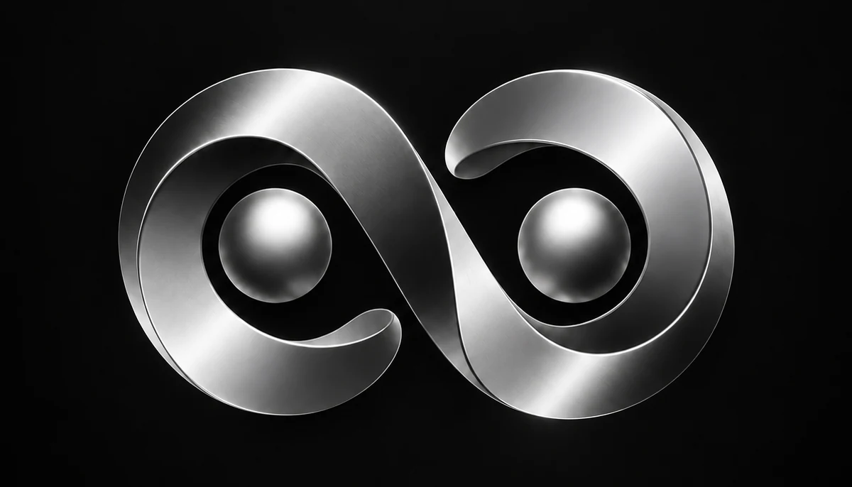 The 8e8 mark: a chrome infinity loop holding two spheres
